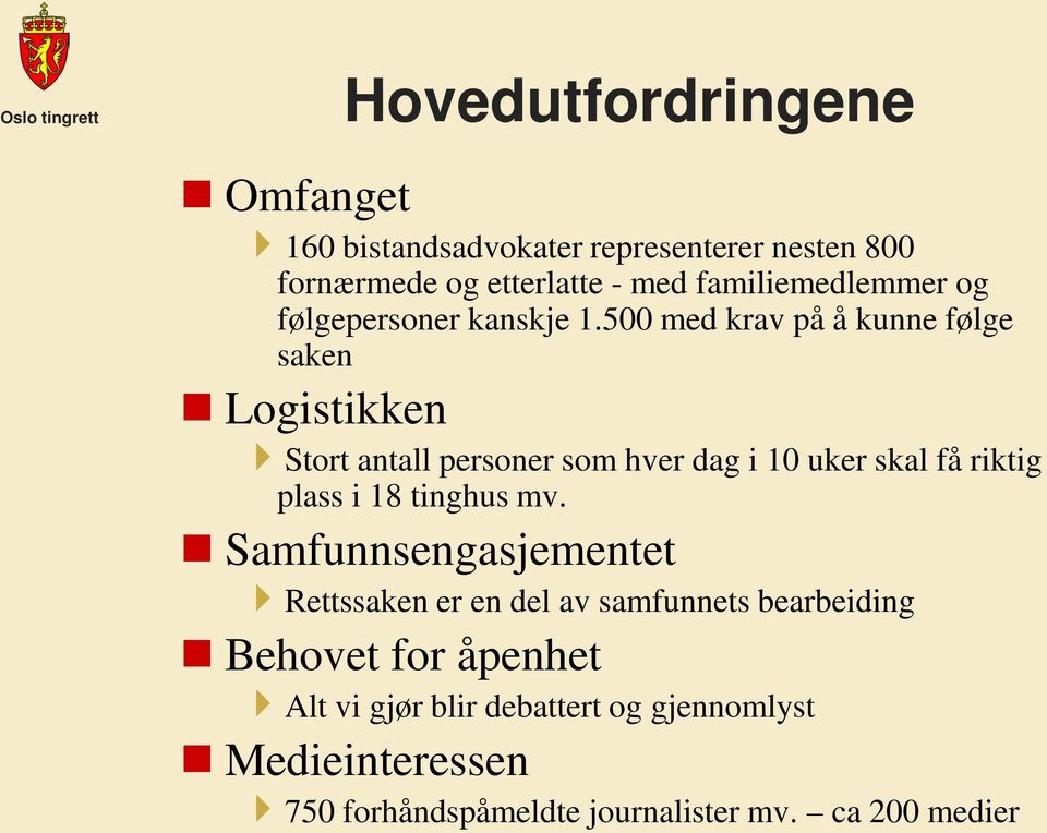 500 med krav på å kunne følge saken Logistikken Stort antall personer som hver dag i 10 uker skal få riktig plass i 18