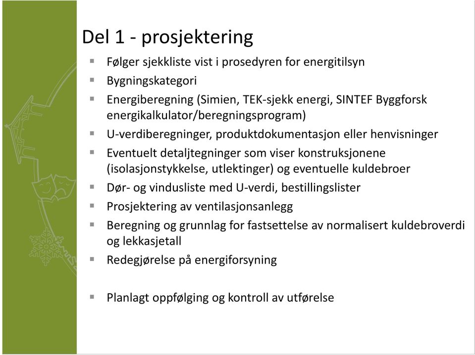 (isolasjonstykkelse, utlektinger) og eventuelle kuldebroer Dør og vindusliste med U verdi, bestillingslister Prosjektering av ventilasjonsanlegg