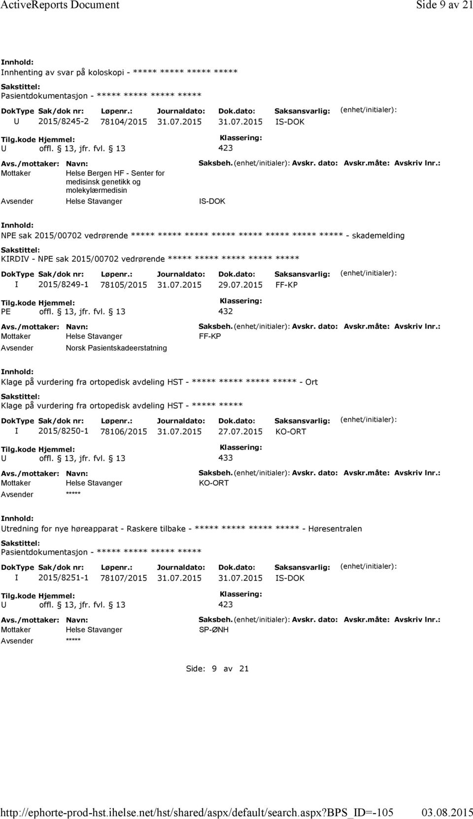 bps_d=-105 Side 9 av 21 nnhenting av svar på koloskopi - ***** ***** ***** ***** 2015/8245-2 78104/2015 S-DOK Mottaker Helse Bergen HF -Senter for medisinsk genetikk og molekylærmedisin Helse
