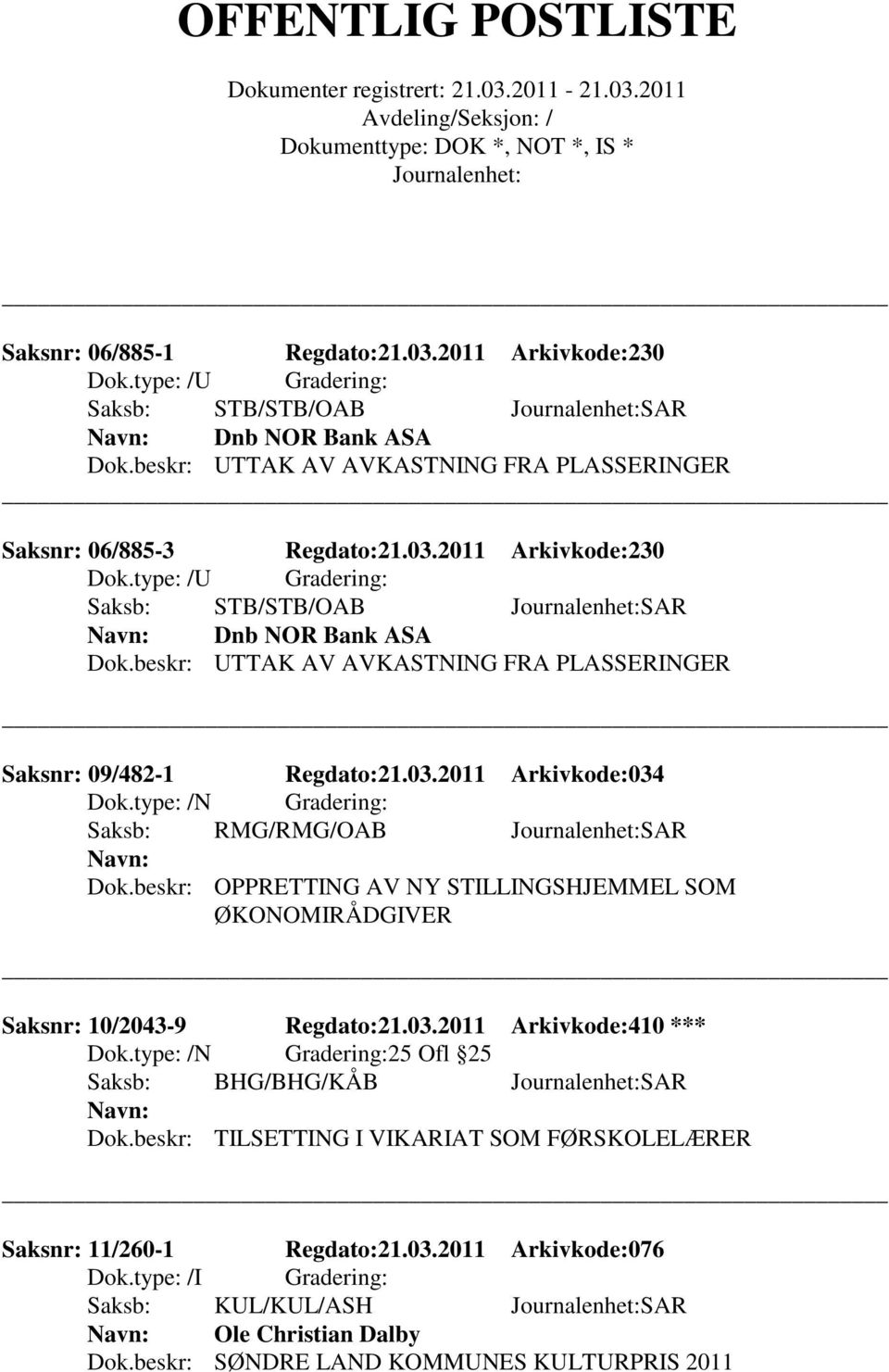 type: /N Gradering:25 Ofl 25 Saksb: BHG/BHG/KÅB SAR Dok.beskr: TILSETTING I VIKARIAT SOM FØRSKOLELÆRER Saksnr: 11/260-1 Regdato:21.03.