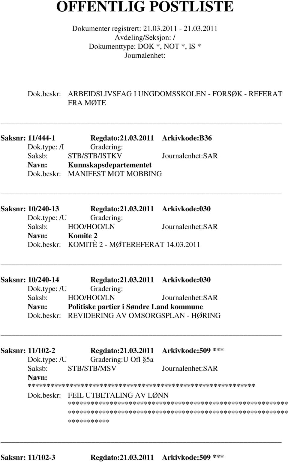 2011 Arkivkode:030 Saksb: HOO/HOO/LN SAR Komite 2 Dok.beskr: KOMITÈ 2 - MØTEREFERAT 14.03.2011 Saksnr: 10/240-14 Regdato:21.03.2011 Arkivkode:030 Saksb: HOO/HOO/LN SAR Politiske partier i Søndre Land kommune Dok.