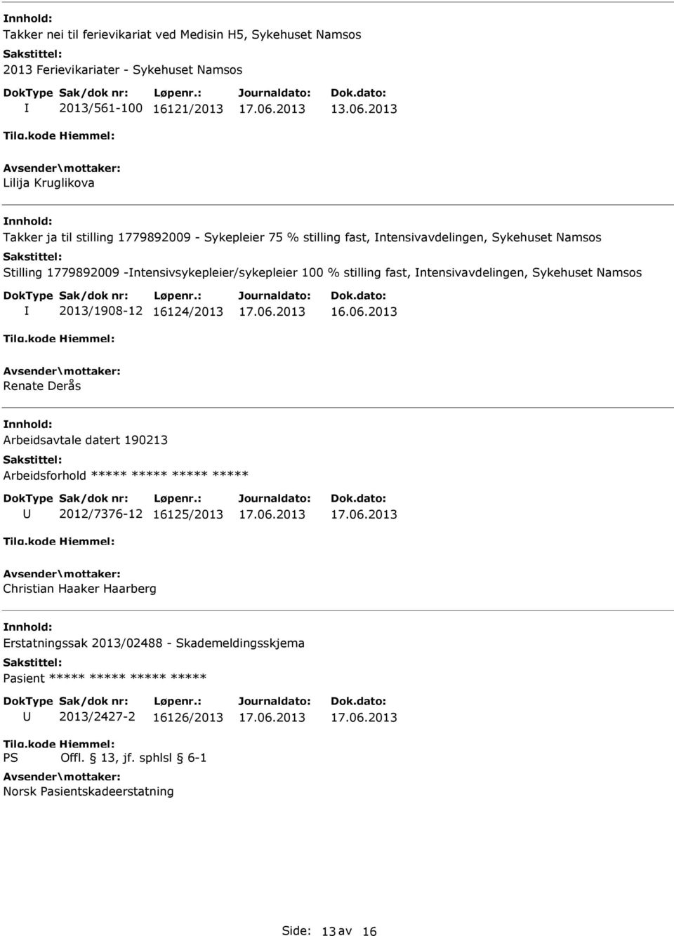 ntensivavdelingen, Sykehuset Namsos 2013/1908-12 16124/2013 16.06.