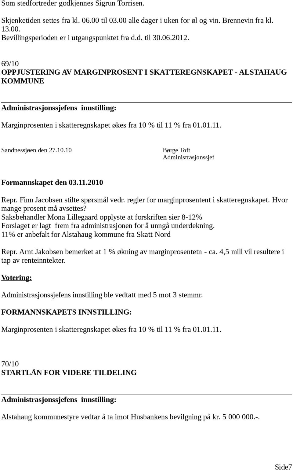 10.10 Børge Toft Administrasjonssjef Formannskapet den 03.11.2010 Repr. Finn Jacobsen stilte spørsmål vedr. regler for marginprosentent i skatteregnskapet. Hvor mange prosent må avsettes?