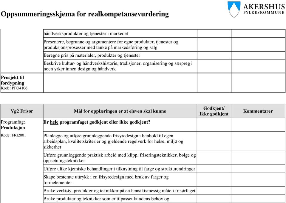 opplæringen er at eleven skal kunne Godkjent/ Ikke godkjent Kommentarer Produksjon Kode: FRI2001 Planlegge og utføre grunnleggende frisyredesign i henhold til egen arbeidsplan, kvalitetskriterier og