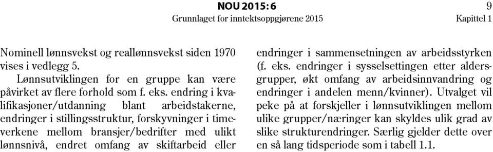 endring i kvalifikasjoner/utdanning blant arbeidstakerne, endringer i stillingsstruktur, forskyvninger i timeverkene mellom bransjer/bedrifter med ulikt lønnsnivå, endret omfang av skiftarbeid