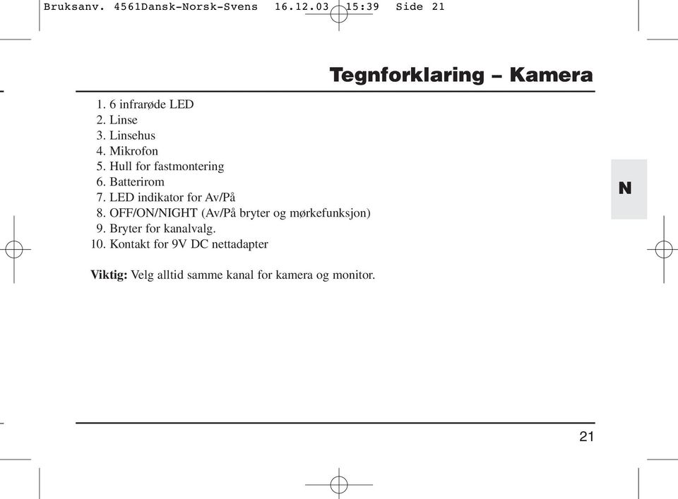 Batterirom 7. LED indikator for Av/På 8. OFF/O/IGHT (Av/På bryter og mørkefunksjon) 9.