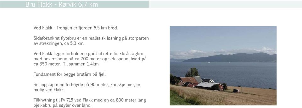 Ved Flakk ligger forholdene godt til rette for skråstagbru med hovedspenn på ca 700 meter og sidespenn, hvert på ca 350 meter.