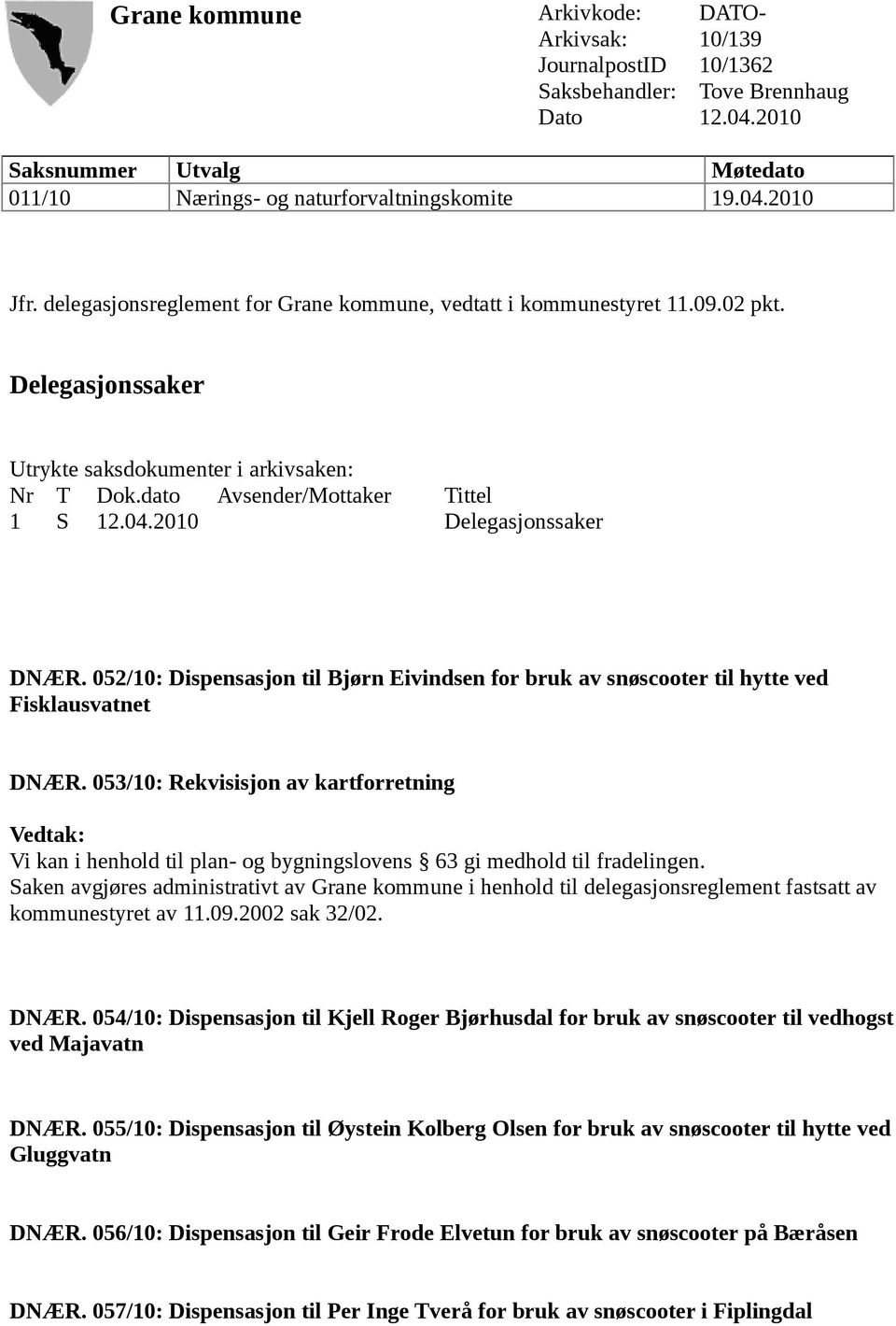 2010 Delegasjonssaker DNÆR. 052/10: Dispensasjon til Bjørn Eivindsen for bruk av snøscooter til hytte ved Fisklausvatnet DNÆR.