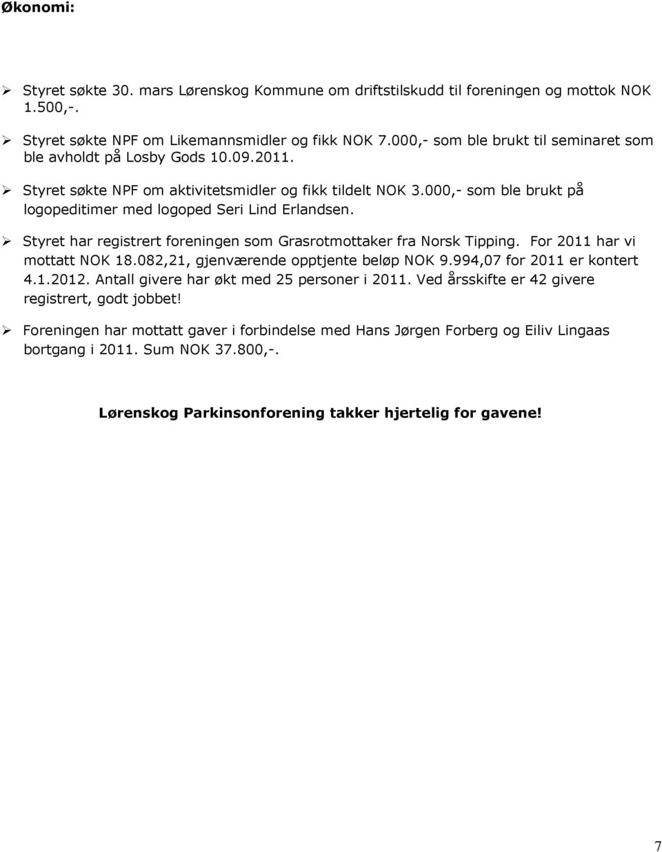 000,- som ble brukt på logopeditimer med logoped Seri Lind Erlandsen. Styret har registrert foreningen som Grasrotmottaker fra Norsk Tipping. For 2011 har vi mottatt NOK 18.