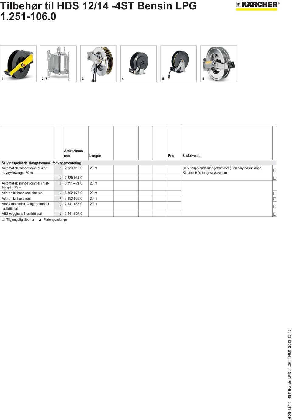 0 20 m Automatisk slangetrommel i rustfritt stål, 20 m Add-on kit hose reel plastics 4 6.392-975.0 20 m Add-on kit hose reel 5 6.392-965.