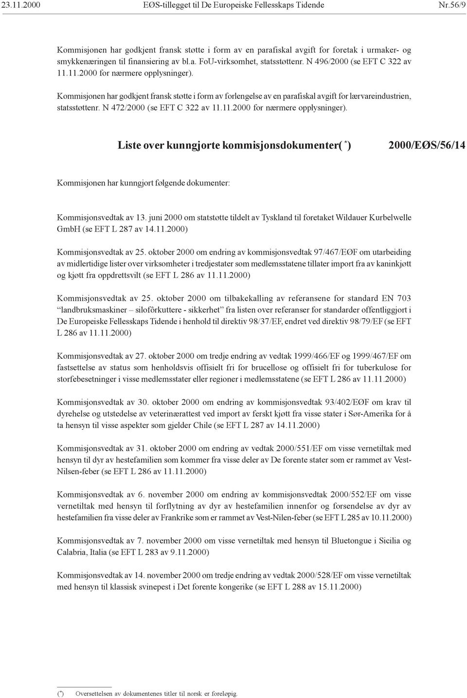 N 496/2000 (se EFT C 322 av 11.11.2000 for nærmere opplysninger). Kommisjonen har godkjent fransk støtte i form av forlengelse av en parafiskal avgift for lærvareindustrien, statsstøttenr.