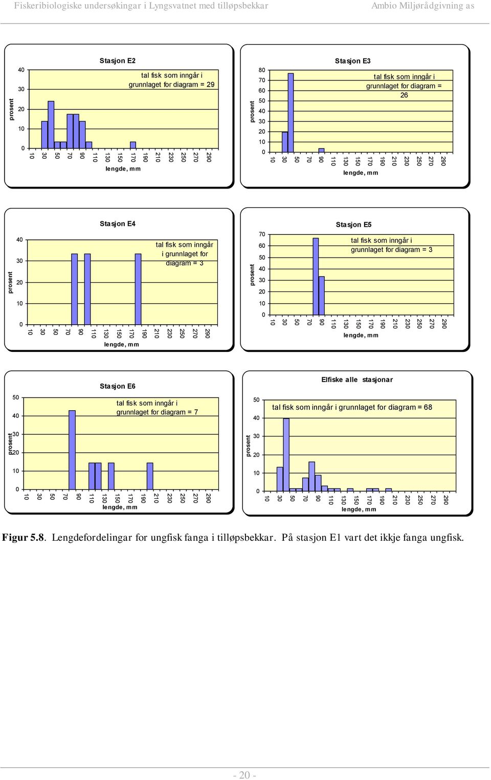 tilløpsbekkar Ambio Miljørådgivning as 40 30 20 Stasjon E2 tal fisk som inngår i grunnlaget for diagram = 29 80 70 60 50 40 Stasjon E3 tal fisk som inngår i grunnlaget for diagram = 26 30 20 0 0