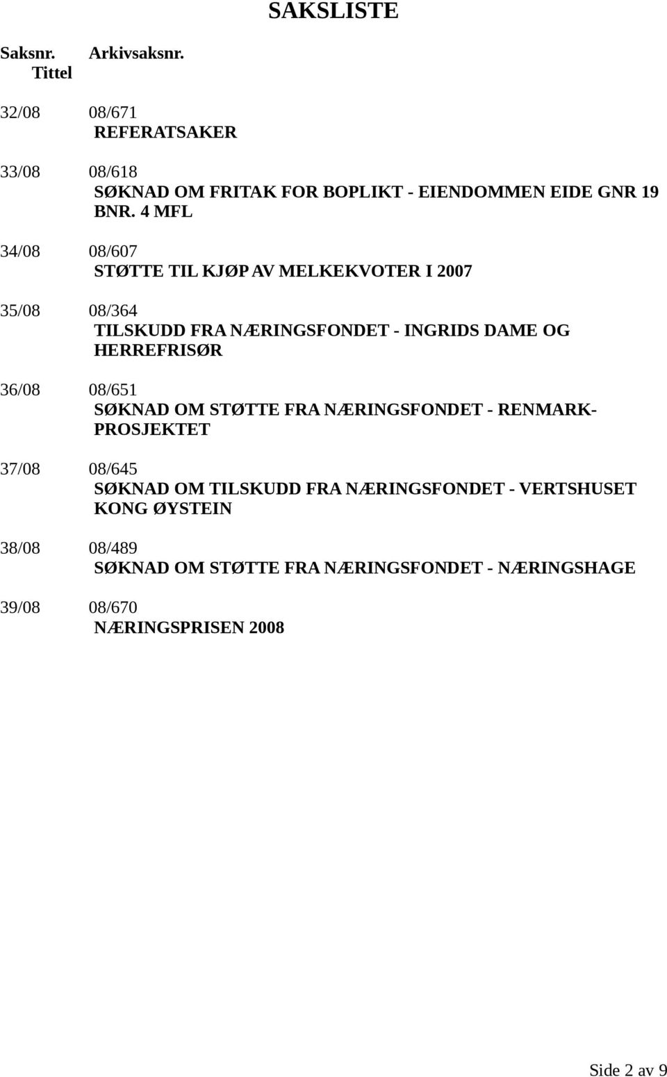 4 MFL 34/08 08/607 STØTTE TIL KJØP AV MELKEKVOTER I 2007 35/08 08/364 TILSKUDD FRA NÆRINGSFONDET - INGRIDS DAME OG HERREFRISØR