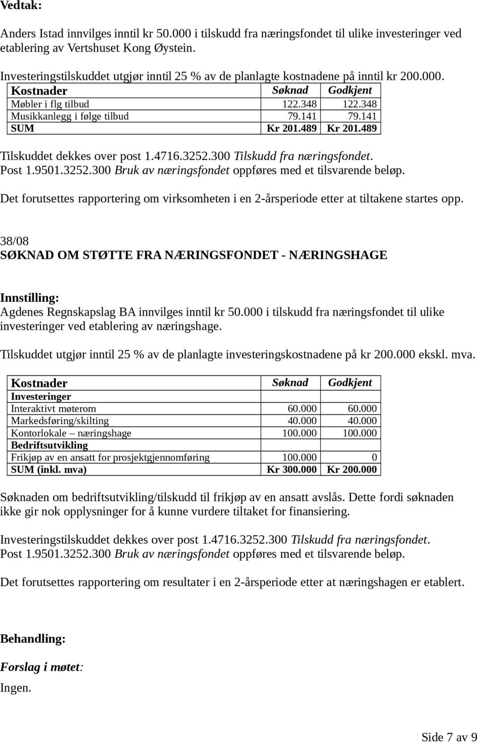 141 SUM Kr 201.489 Kr 201.489 Tilskuddet dekkes over post 1.4716.3252.300 Tilskudd fra næringsfondet. Det forutsettes rapportering om virksomheten i en 2-årsperiode etter at tiltakene startes opp.