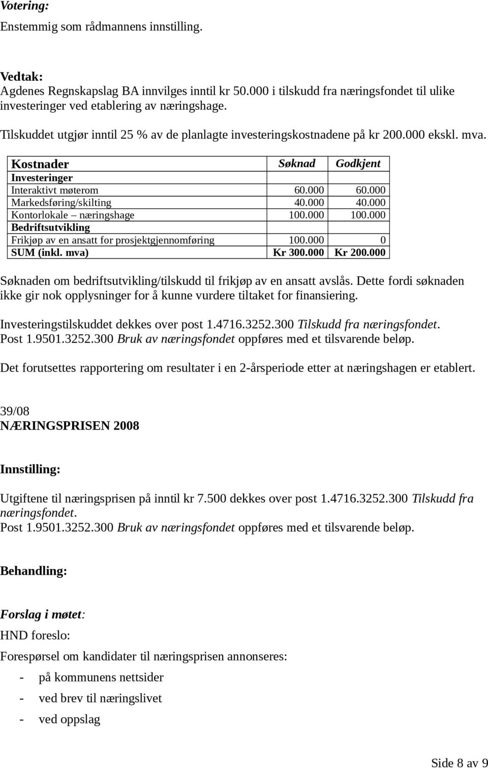 000 40.000 Kontorlokale næringshage 100.000 100.000 Bedriftsutvikling Frikjøp av en ansatt for prosjektgjennomføring 100.000 0 SUM (inkl. mva) Kr 300.000 Kr 200.