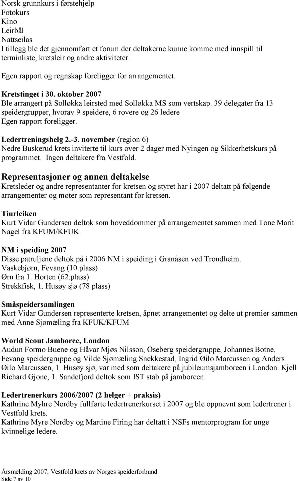 39 delegater fra 13 speidergrupper, hvorav 9 speidere, 6 rovere og 26 ledere Egen rapport foreligger. Ledertreningshelg 2.-3.