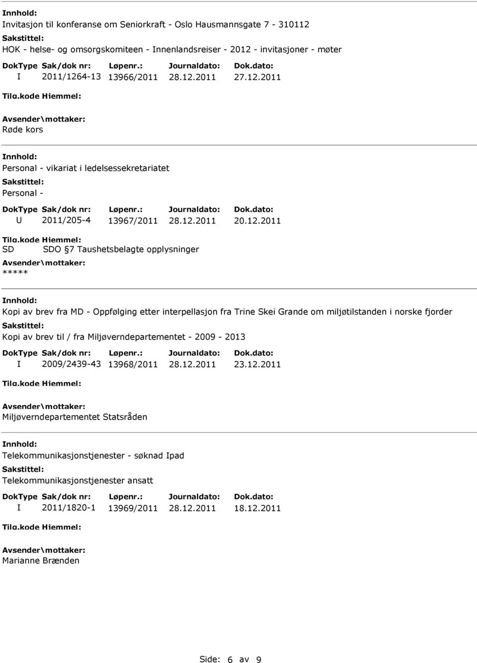 Oppfølging etter interpellasjon fra Trine Skei Grande om miljøtilstanden i norske fjorder Kopi av brev til / fra Miljøverndepartementet - 2009-2013