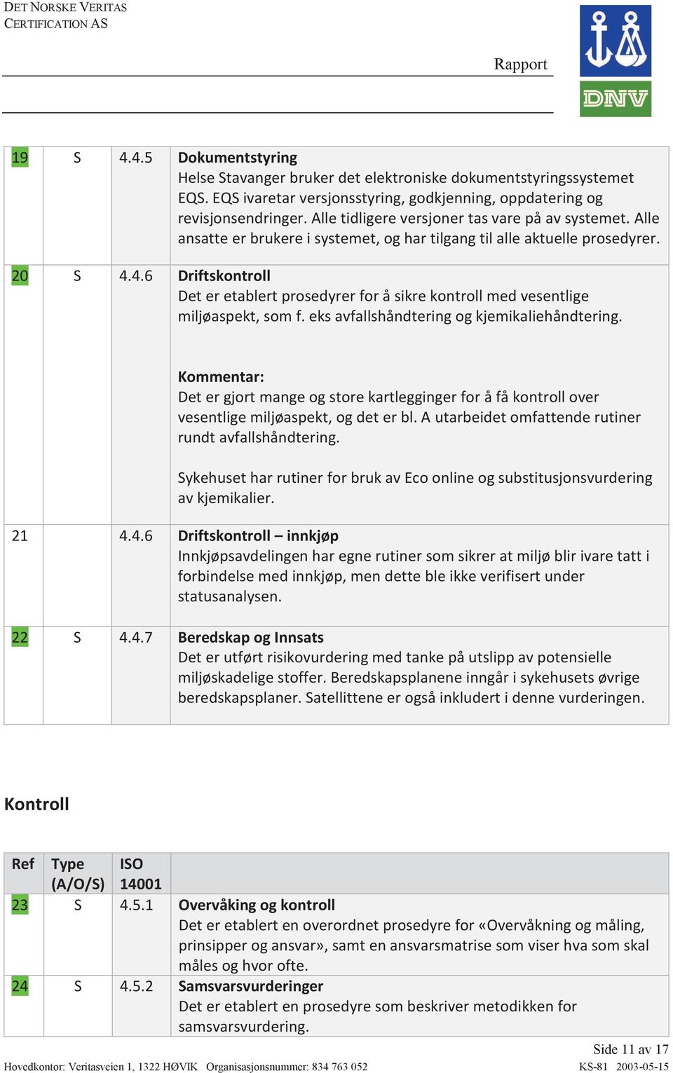 4.6 Driftskontroll Det er etablert prosedyrer for å sikre kontroll med vesentlige miljøaspekt, som f. eks avfallshåndtering og kjemikaliehåndtering.