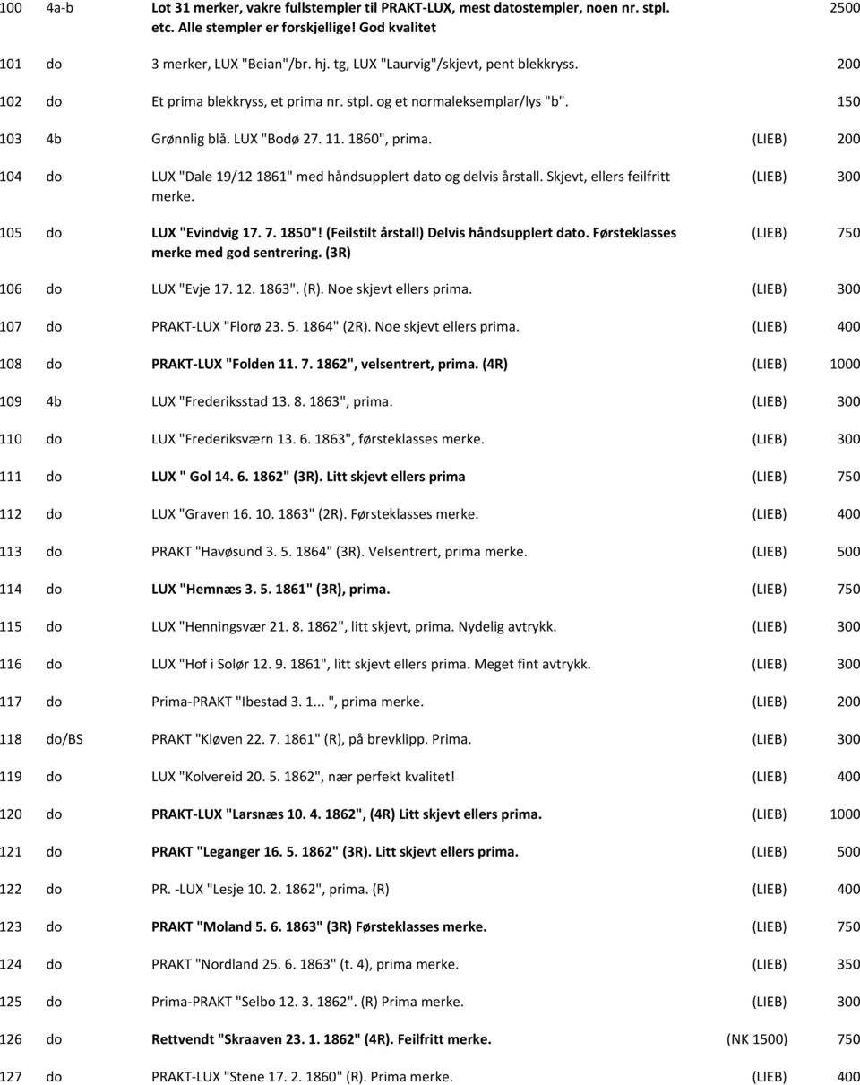 (LIEB) 104 do LUX "Dale 19/12 1861" med håndsupplert dato og delvis årstall. Skjevt, ellers feilfritt merke. 105 do LUX "Evindvig 17. 7. 1850"! (Feilstilt årstall) Delvis håndsupplert dato.