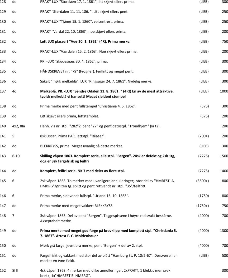 (LIEB) 134 do PR. LUX "Skudesnæs 30. 4. 1862", prima. (LIEB) 135 do HÅNDSKREVET nr. "79" (Frogner). Feilfritt og meget pent. (LIEB) 136 do Såkalt "mørk melkeblå", LUX "Ringsager 24. 7. 1861".