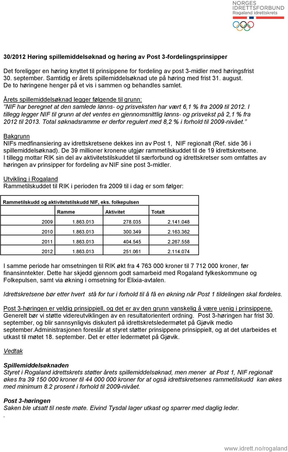 Årets spillemiddelsøknad legger følgende til grunn: NIF har beregnet at den samlede lønns og prisveksten har vært 6,1 % fra 2009 til 2012.