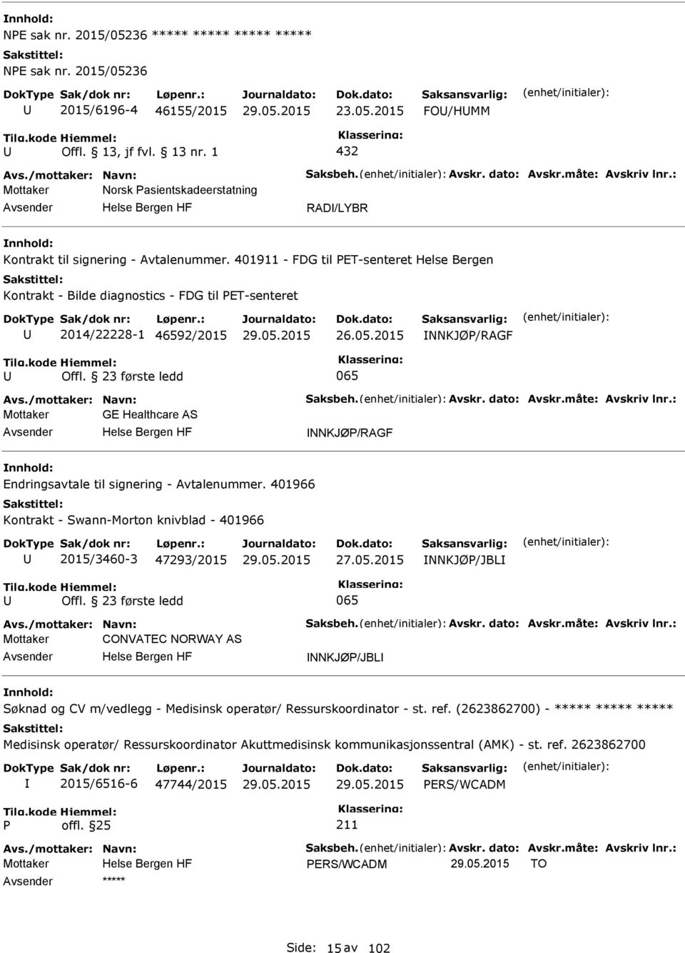 401911 - FDG til ET-senteret Helse Bergen Kontrakt - Bilde diagnostics - FDG til ET-senteret 2014/22228-1 46592/2015 26.05.2015 NNKJØ/RAGF Offl. 23 første ledd 065 Avs./mottaker: Navn: Saksbeh. Avskr.