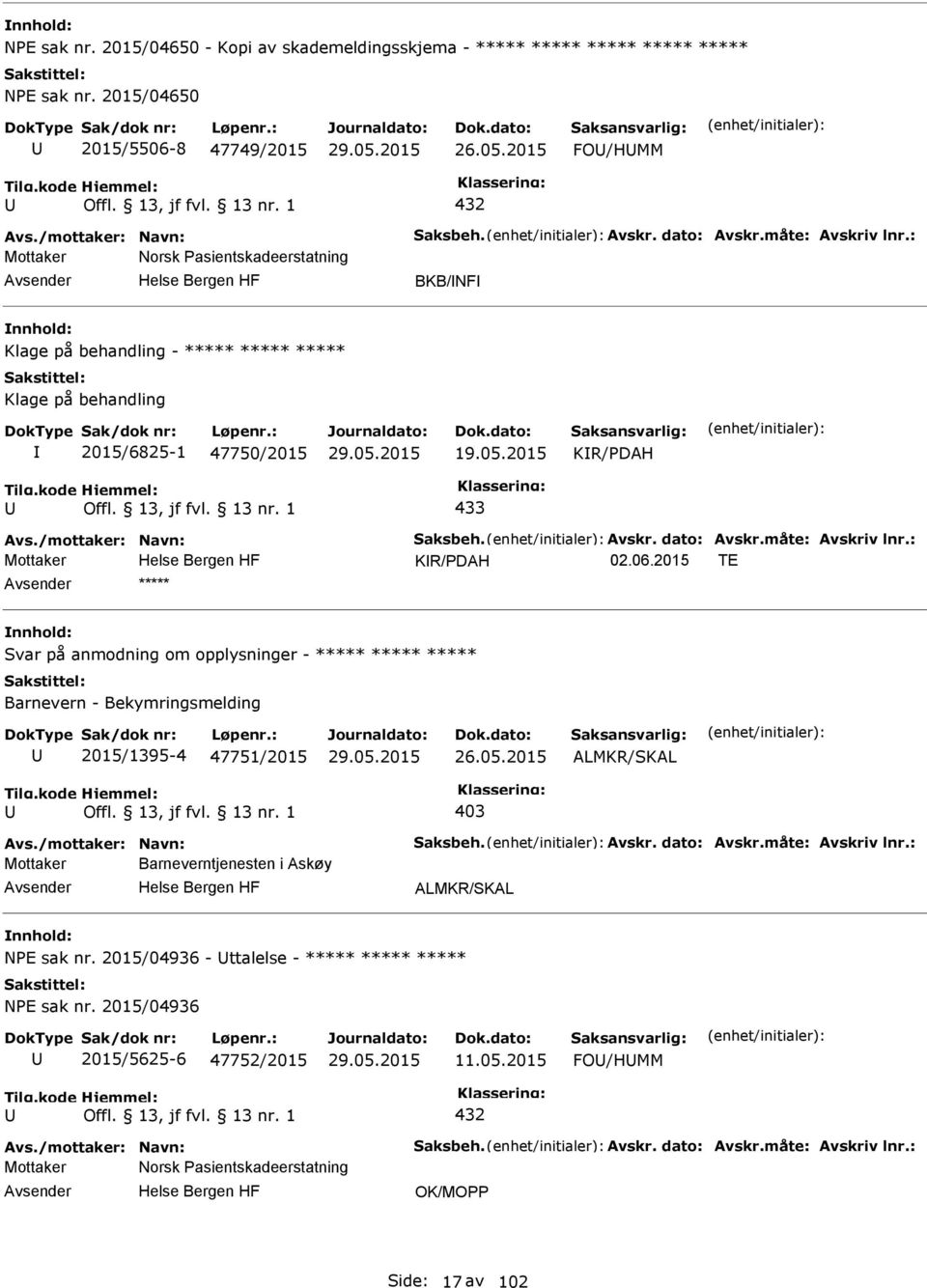 Avskr. dato: Avskr.måte: Avskriv lnr.: Mottaker KR/DAH 02.06.2015 TE ***** Svar på anmodning om opplysninger - ***** ***** ***** Barnevern - Bekymringsmelding 2015/1395-4 47751/2015 26.05.