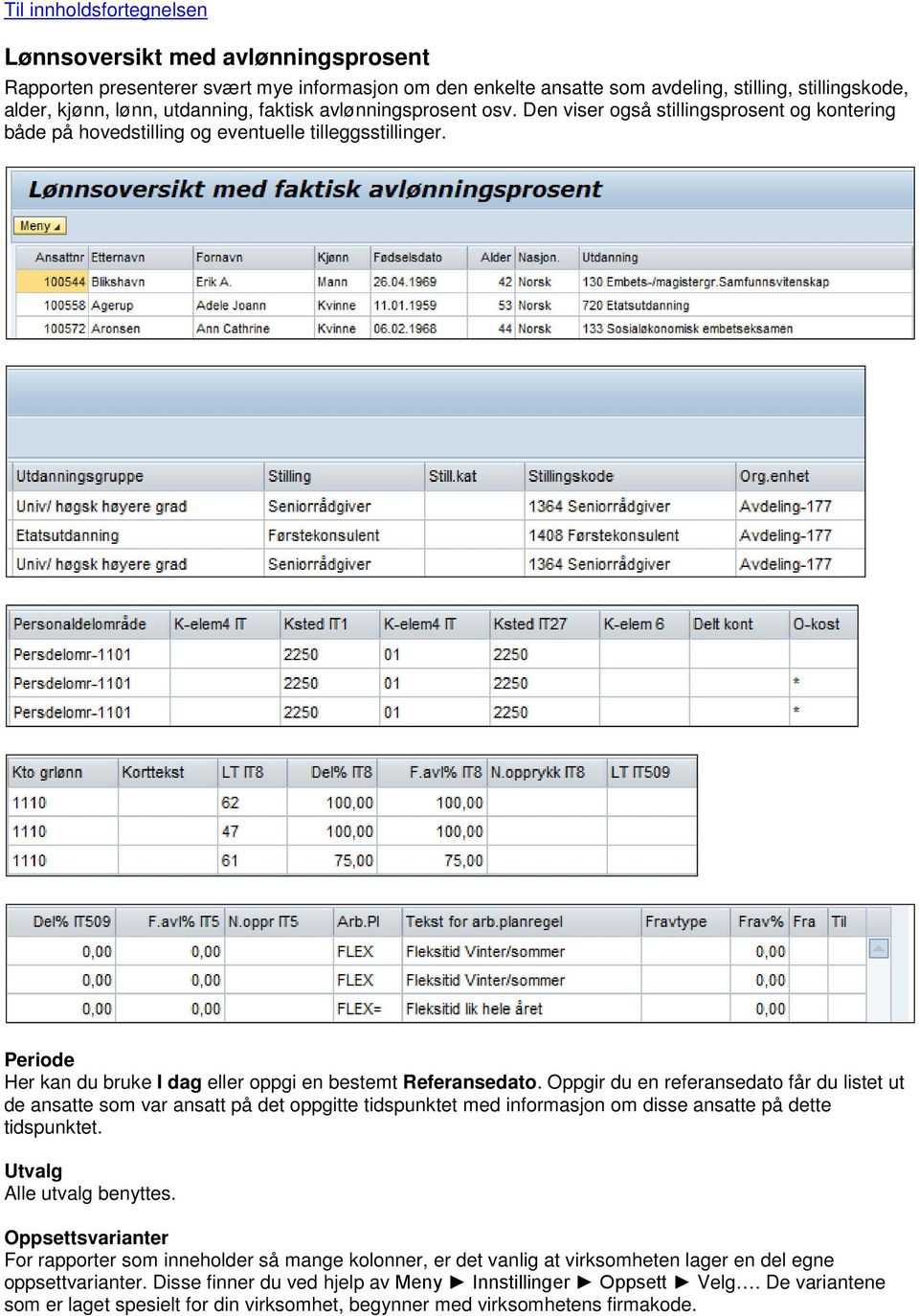 Oppgir du en referansedato får du listet ut de ansatte som var ansatt på det oppgitte tidspunktet med informasjon om disse ansatte på dette tidspunktet. Alle utvalg benyttes.