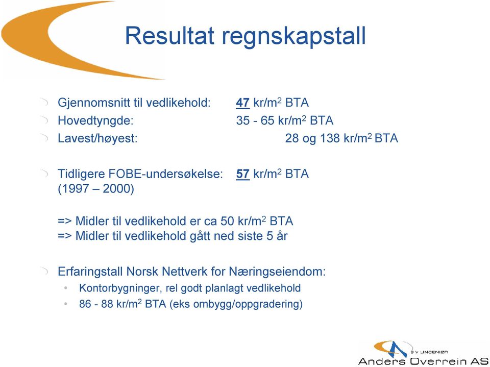 vedlikehold er ca 50 kr/m 2 BTA => Midler til vedlikehold gått ned siste 5 år Erfaringstall Norsk
