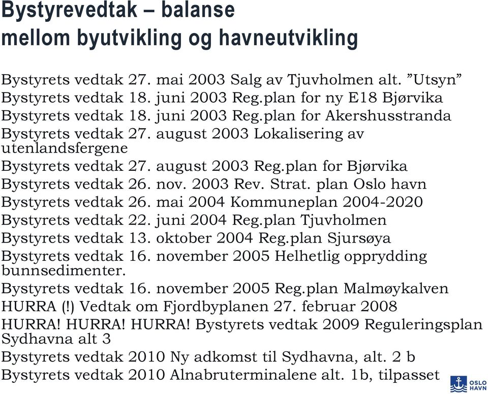 Strat. plan Oslo havn Bystyrets vedtak 26. mai 2004 Kommuneplan 2004-2020 Bystyrets vedtak 22. juni 2004 Reg.plan Tjuvholmen Bystyrets vedtak 13. oktober 2004 Reg.plan Sjursøya Bystyrets vedtak 16.