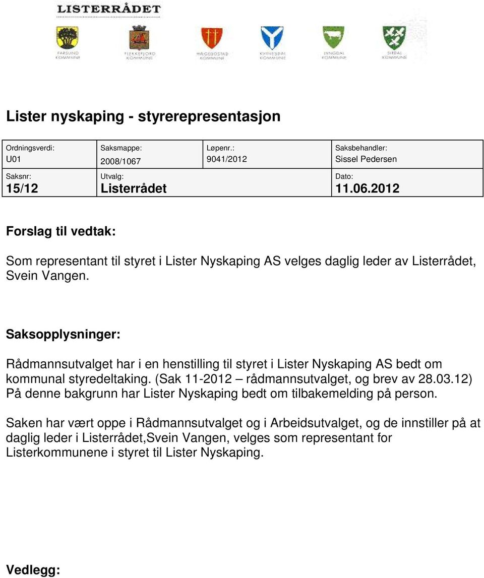 2012 Forslag til vedtak: Som representant til styret i Lister Nyskaping AS velges daglig leder av Listerrådet, Svein Vangen.