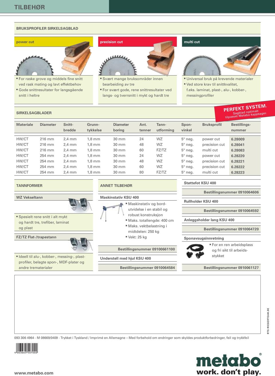 snittkvalitet, f.eks. laminat, plast-, alu-, kobber-, messingprofiler SIRKELSAGBLADER PERFEKT SYSTEM. Sagblad optimalt tilpasset Metabo-kappsager. Diameter boring Ant.