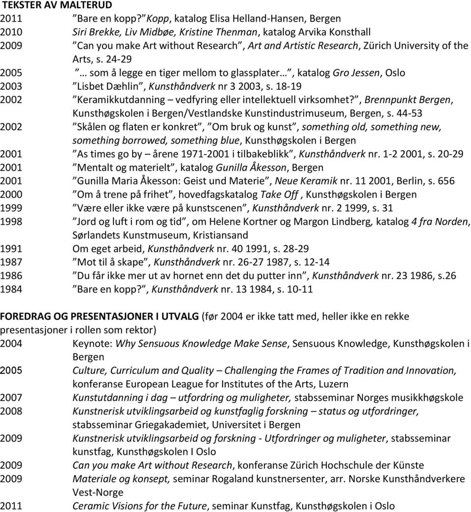 University of the Arts, s. 24-29 2005 som å legge en tiger mellom to glassplater, katalog Gro Jessen, Oslo 2003 Lisbet Dæhlin, Kunsthåndverk nr 3 2003, s.