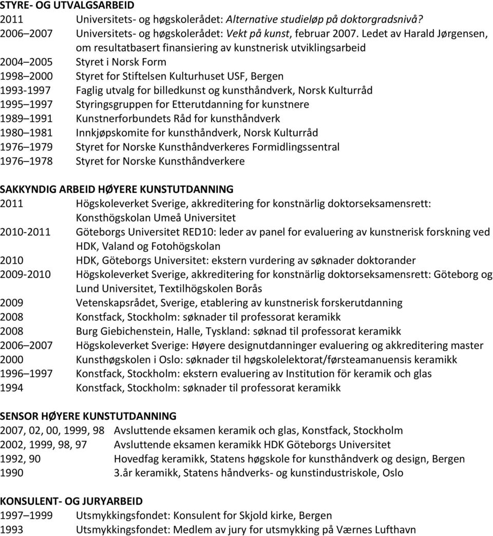 for billedkunst og kunsthåndverk, Norsk Kulturråd 1995 1997 Styringsgruppen for Etterutdanning for kunstnere 1989 1991 Kunstnerforbundets Råd for kunsthåndverk 1980 1981 Innkjøpskomite for