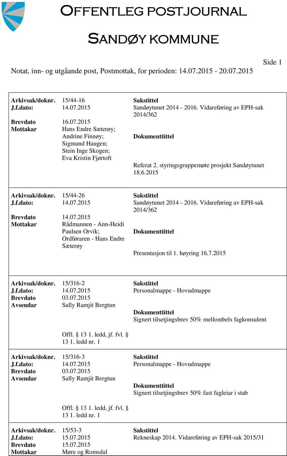 Vidareføring av EPH-sak 2014/362 Mottakar Rådmannen - Ann-Heidi Paulsen Orvik; Ordføraren - Hans Endre Sæterøy Presentasjon til 1. høyring 16.7.2015 Arkivsak/doknr. 15/316-2 Sakstittel J.f.dato: 14.