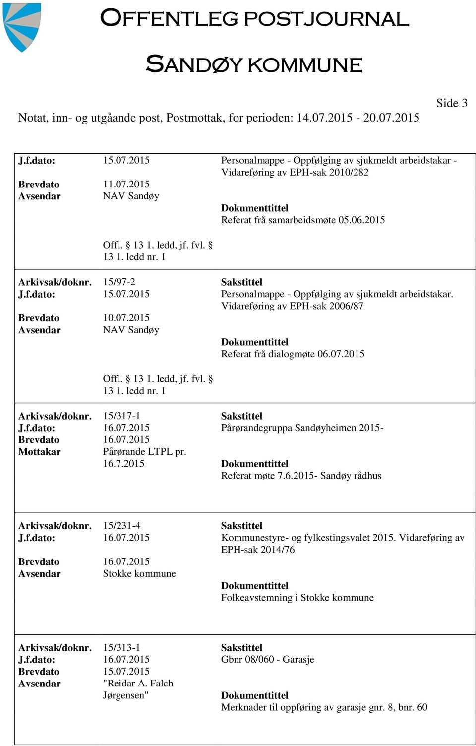 15/317-1 Sakstittel J.f.dato: 16.07.2015 Pårørandegruppa Sandøyheimen 2015- Brevdato 16.07.2015 Mottakar Pårørande LTPL pr. 16.7.2015 Referat møte 7.6.2015- Sandøy rådhus Arkivsak/doknr.