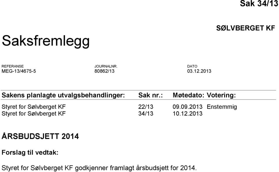 : Møtedato: Votering: Styret for Sølvberget KF 22/13 09.