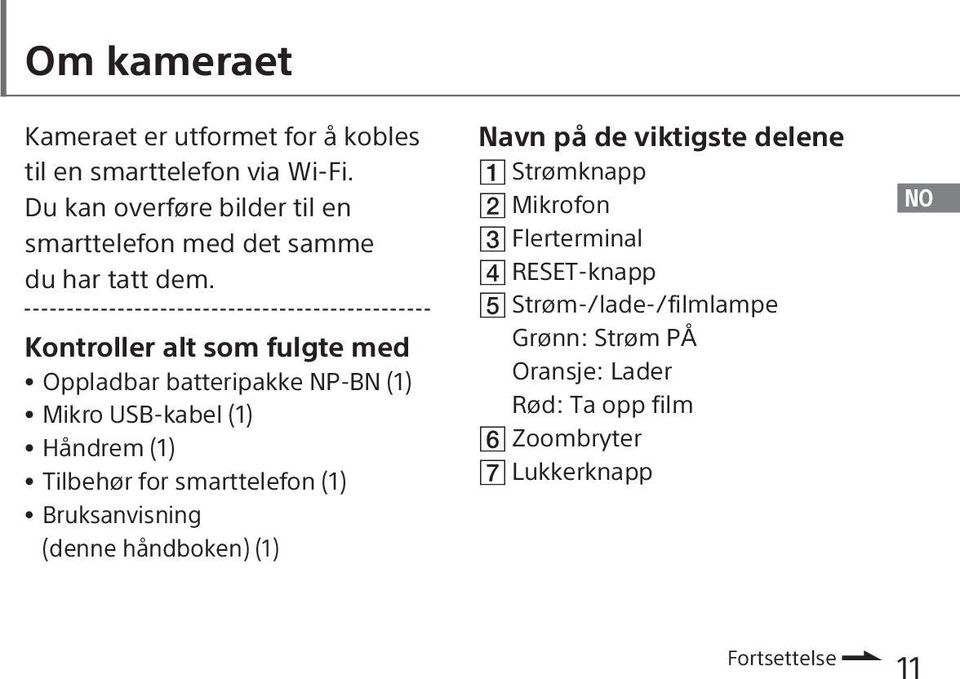 Kontroller alt som fulgte med Oppladbar batteripakke NP-BN (1) Mikro USB-kabel (1) Håndrem (1) Tilbehør for smarttelefon (1)