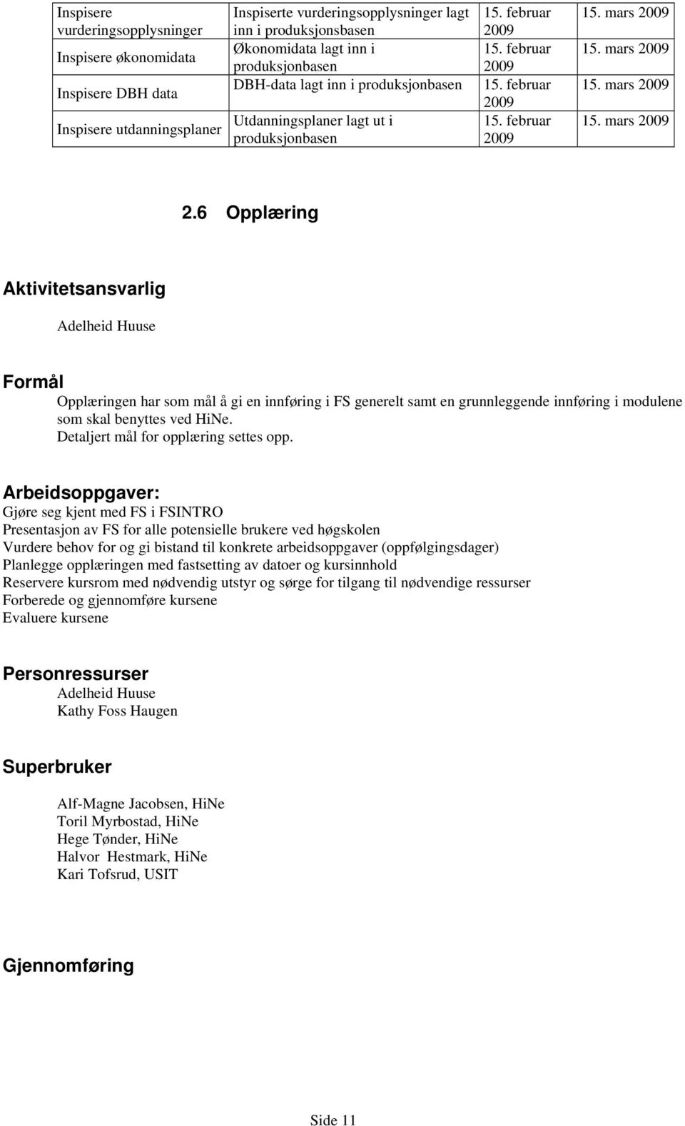 6 Opplæring Opplæringen har som mål å gi en innføring i FS generelt samt en grunnleggende innføring i modulene som skal benyttes ved HiNe. Detaljert mål for opplæring settes opp.