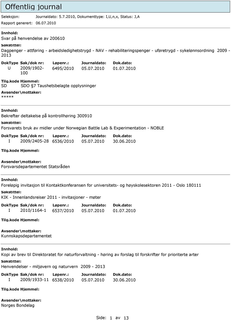 opplysninger ***** Bekrefter deltakelse på kontrollhøring 300910 Forsvarets bruk av midler under Norwegian Battle Lab & Experimentation - NOBLE 2009/2405-28 6536/2010 30.06.