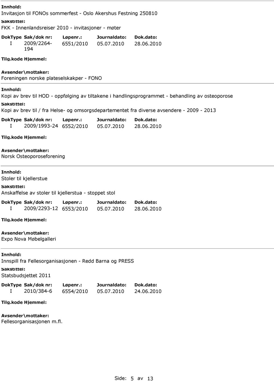 avsendere - 2009-2013 2009/1993-24 6552/2010 Norsk Osteoporoseforening Stoler til kjellerstue Anskaffelse av stoler til kjellerstua - stoppet stol 2009/2293-12 6553/2010