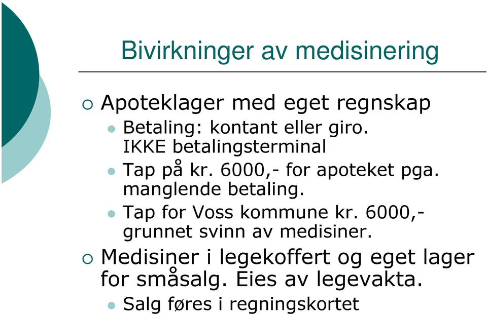 manglende betaling. Tap for Voss kommune kr. 6000,- grunnet svinn av medisiner.