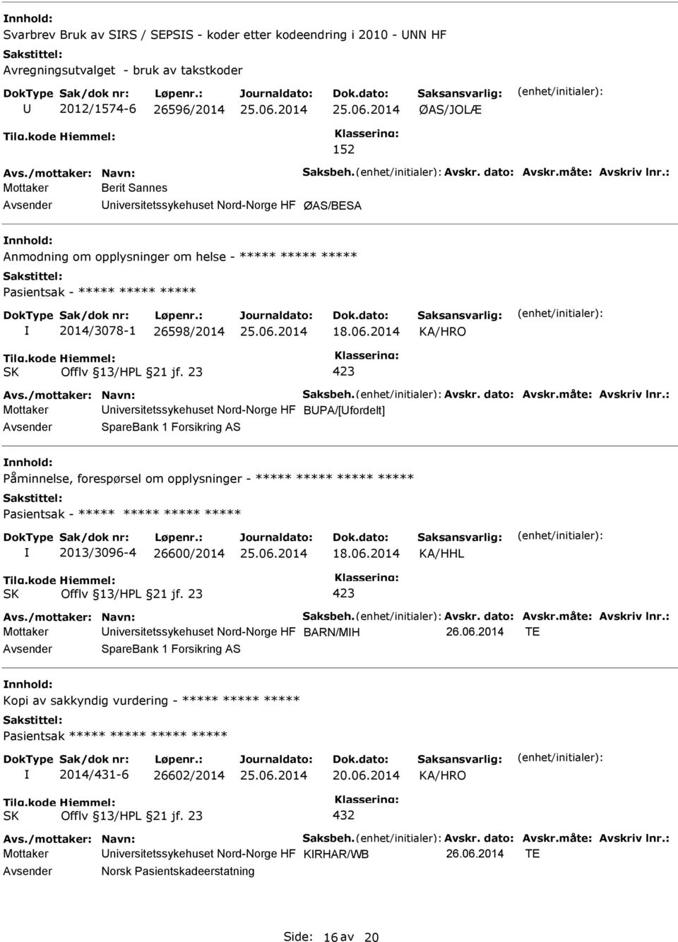 2014 Mottaker niversitetssykehuset Nord-Norge HF BA/[fordelt] SpareBank 1 Forsikring AS åminnelse, forespørsel om opplysninger - ***** ***** ***** ***** asientsak - ***** ***** ***** *****