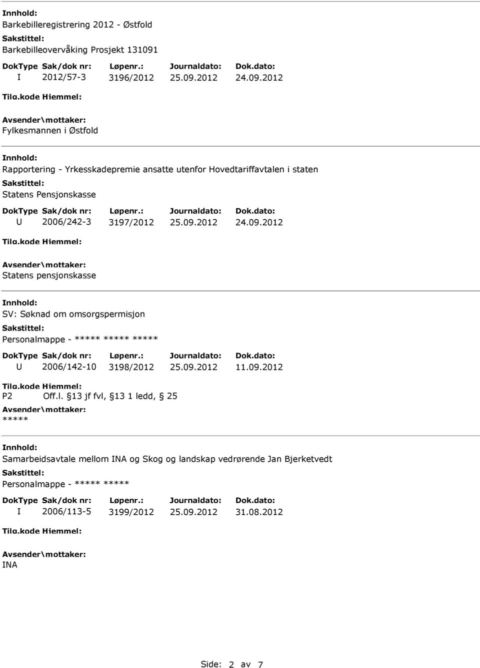 Statens pensjonskasse SV: Søknad om omsorgspermisjon Personalmappe - 2006/142-10 3198/2012 11.09.