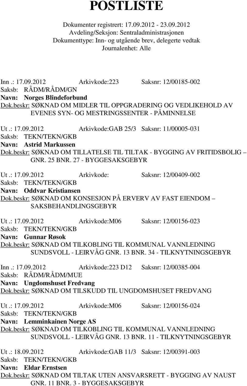 beskr: SØKNAD OM KONSESJON PÅ ERVERV AV FAST EIENDOM SAKSBEHANDLINGSGEBYR Ut.: 17.09.2012 Arkivkode:M06 Saksnr: 12/00156-023 Navn: Gunnar Røsok Dok.