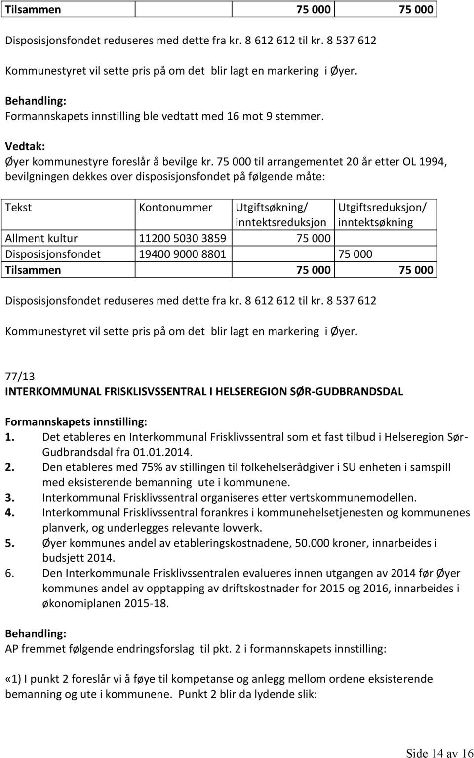 75 000 til arrangementet 20 år etter OL 1994, bevilgningen dekkes over disposisjonsfondet på følgende måte: Tekst Kontonummer Utgiftsøkning/ inntektsreduksjon Utgiftsreduksjon/ inntektsøkning Allment