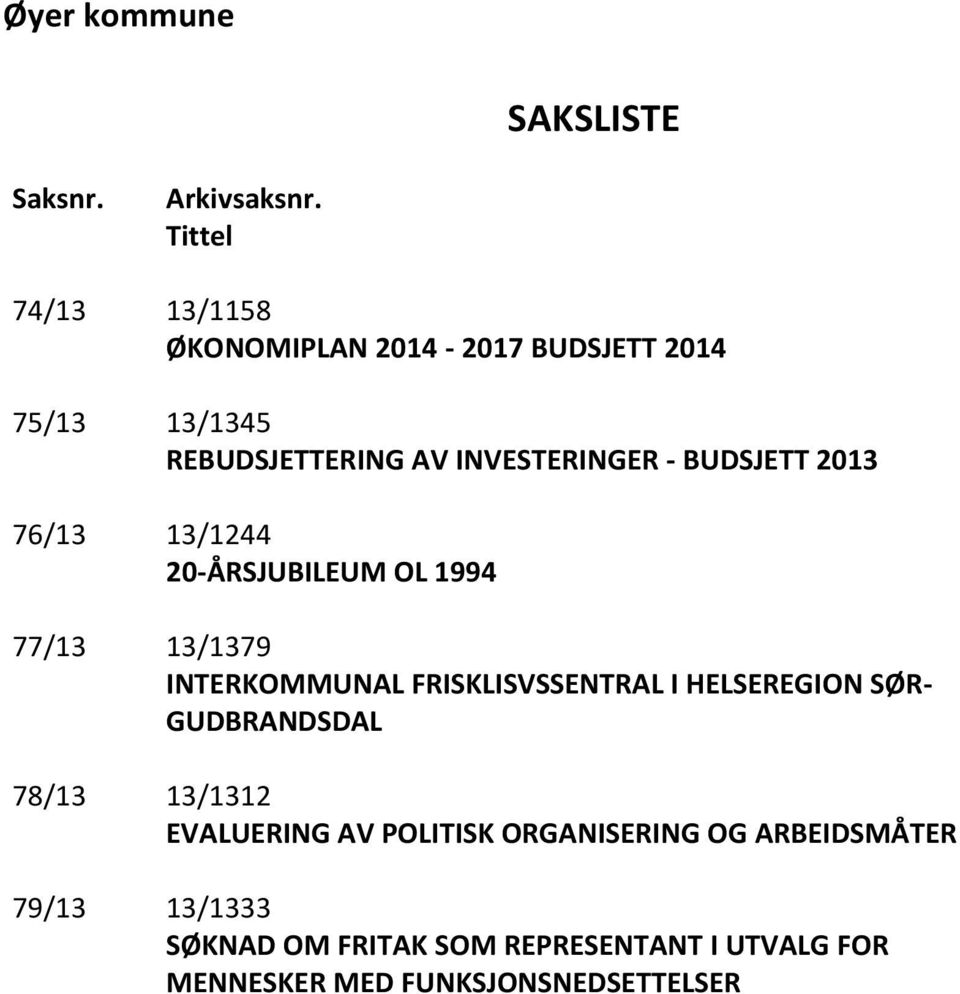 BUDSJETT 2013 76/13 13/1244 20-ÅRSJUBILEUM OL 1994 77/13 13/1379 INTERKOMMUNAL FRISKLISVSSENTRAL I HELSEREGION