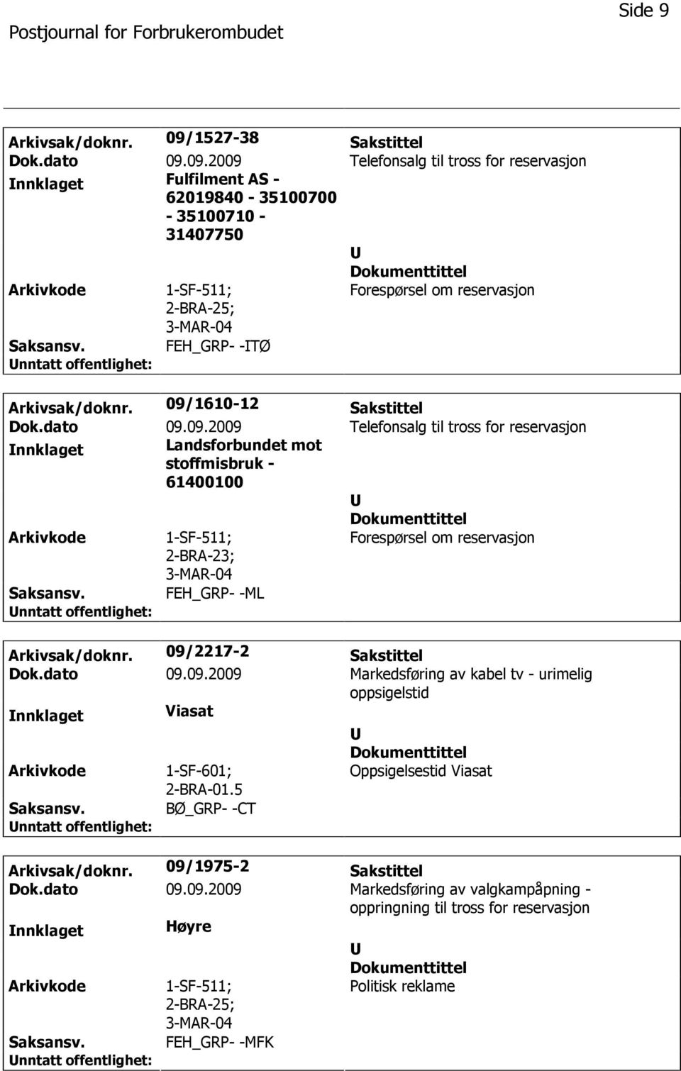 09/2217-2 Sakstittel Dok.dato 09.09.2009 Markedsføring av kabel tv - urimelig oppsigelstid nnklaget Viasat 1-SF-601; 2-BRA-01.