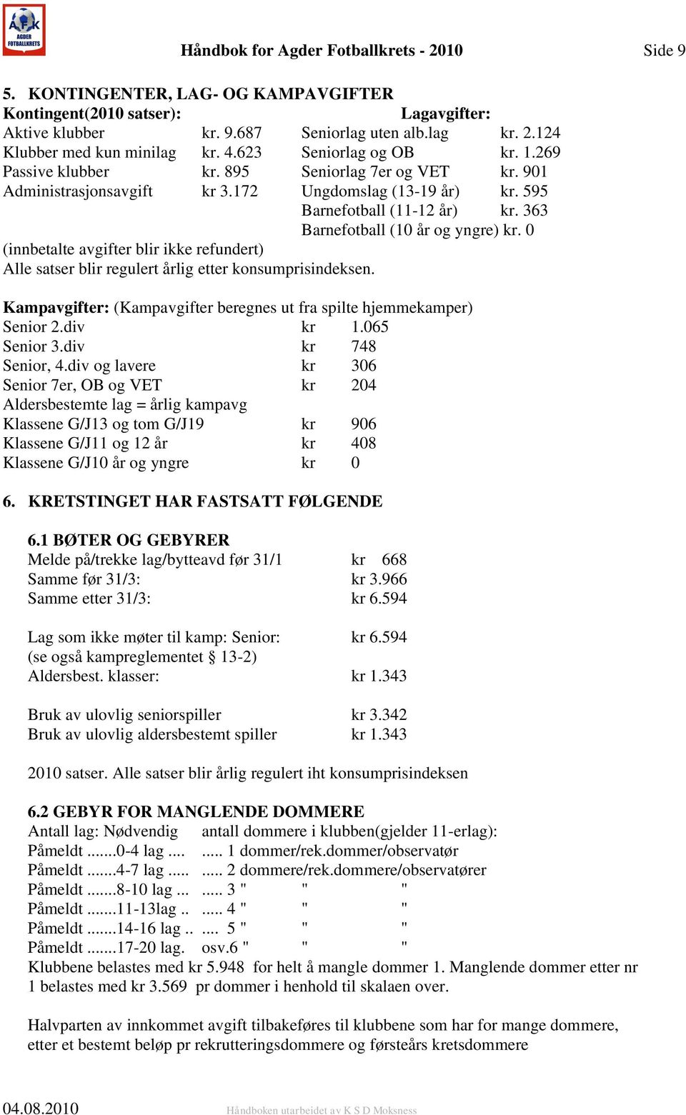 363 Barnefotball (10 år og yngre) kr. 0 (innbetalte avgifter blir ikke refundert) Alle satser blir regulert årlig etter konsumprisindeksen.