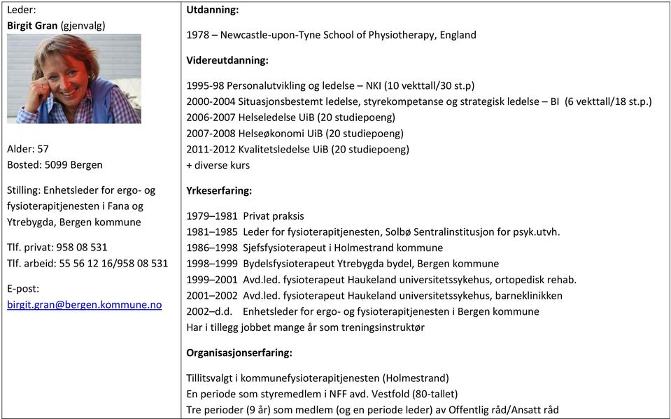 p) 2000-2004 Situasjonsbestemt ledelse, styrekompetanse og strategisk ledelse BI (6 vekttall/18 st.p.) 2006-2007 Helseledelse UiB (20 studiepoeng) 2007-2008 Helseøkonomi UiB (20 studiepoeng)